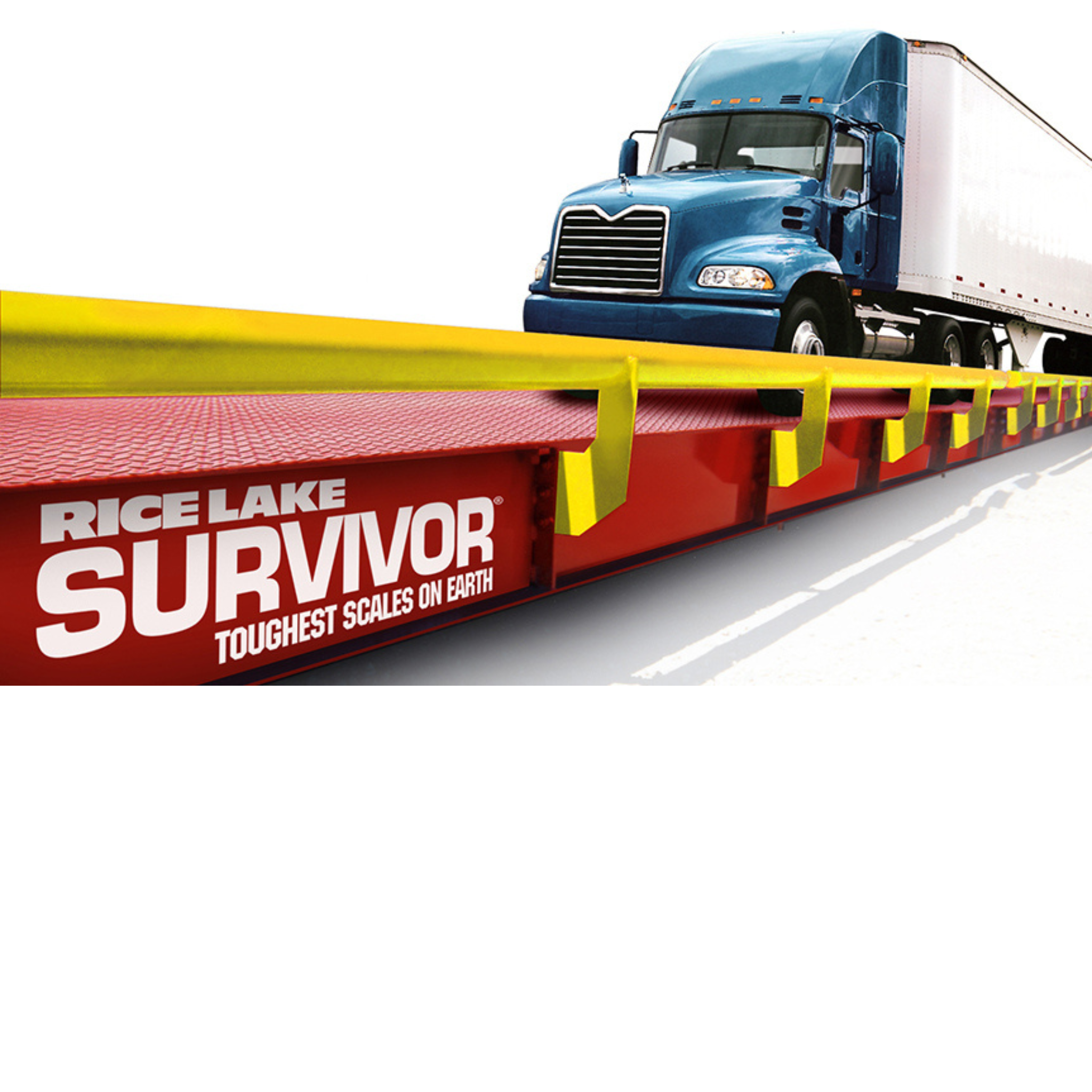 Blue semi-truck positioned on a Rice Lake SURVIVOR steel deck truck scale, illustrating heavy-duty commercial vehicle weighing equipment.