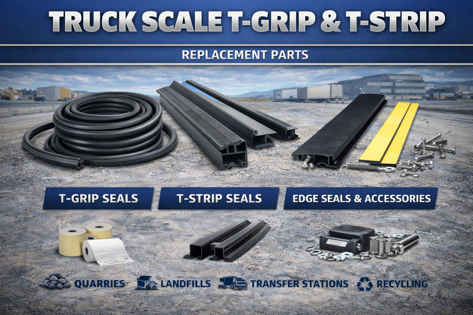 T-grip and T-strip replacement parts for truck scales used as edge seals and deck gap protection.