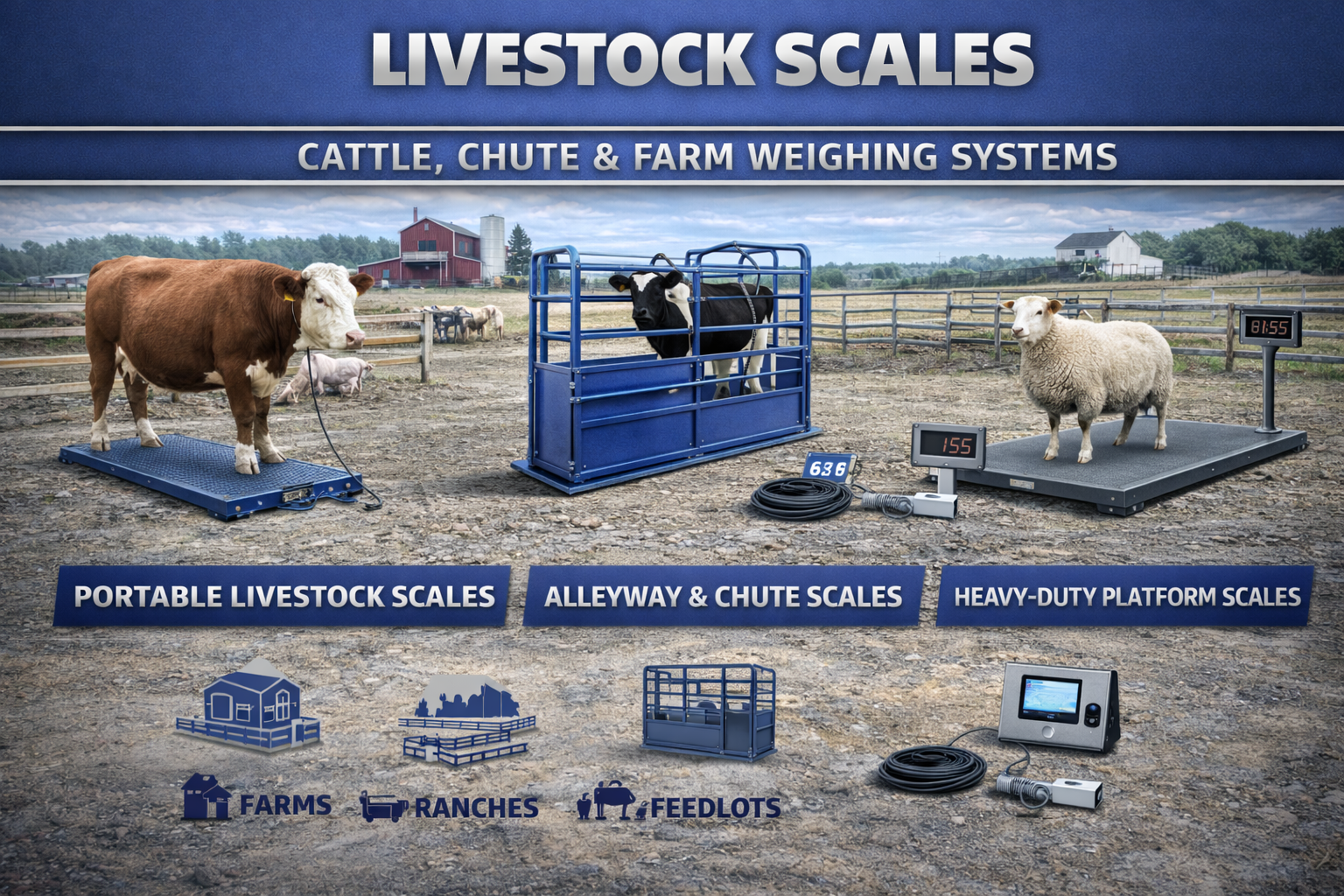 Livestock scales for cattle, sheep, and farm animals including portable, chute, and platform weighing systems.