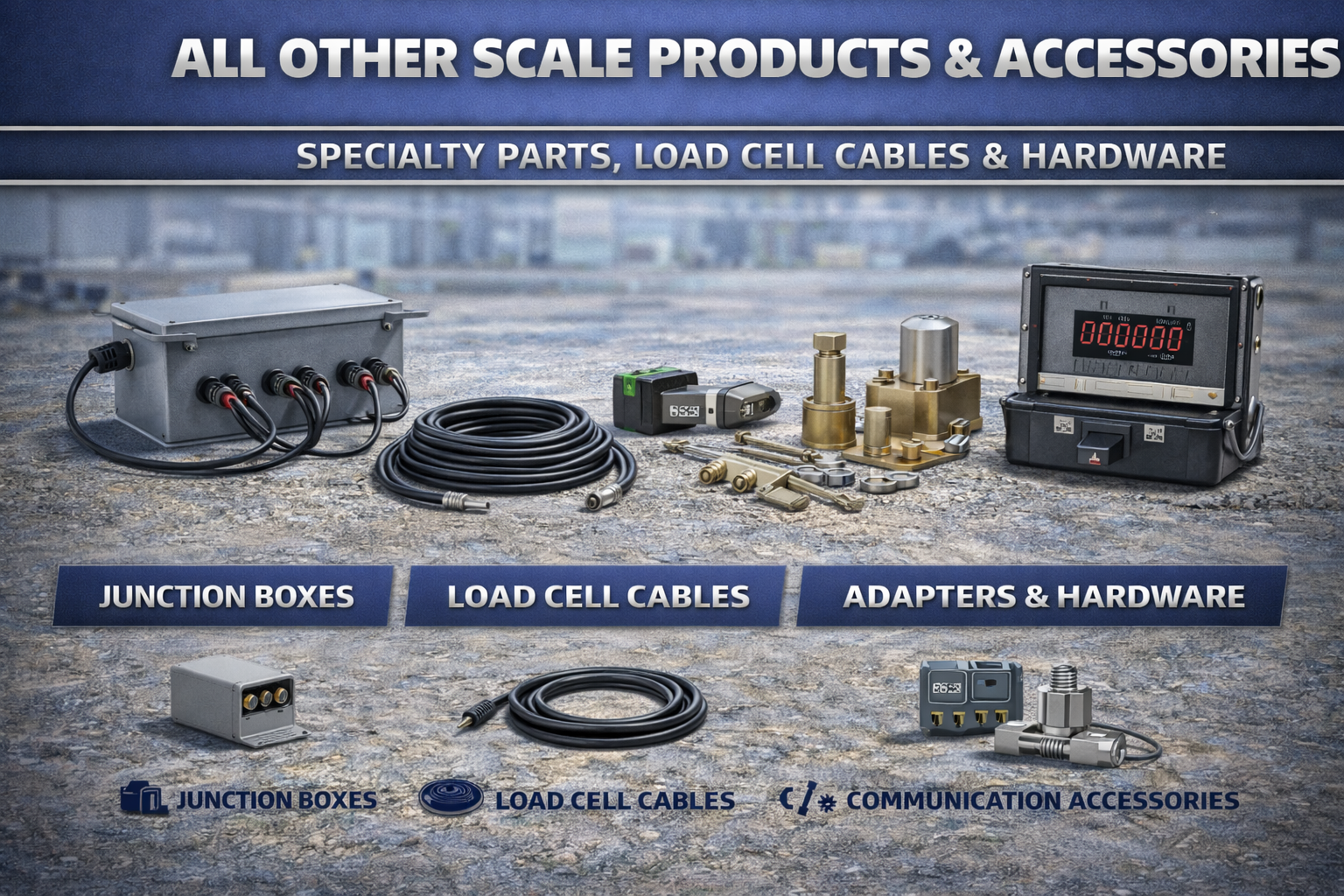 Scale parts and accessories including junction boxes, load cell cables, adapters, and hardware for truck and industrial scales.