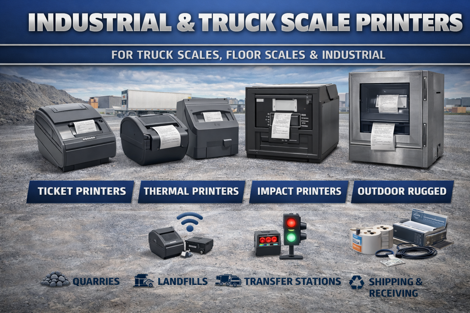 Industrial and truck scale printers including ticket, thermal, and impact models for weigh ticket printing.