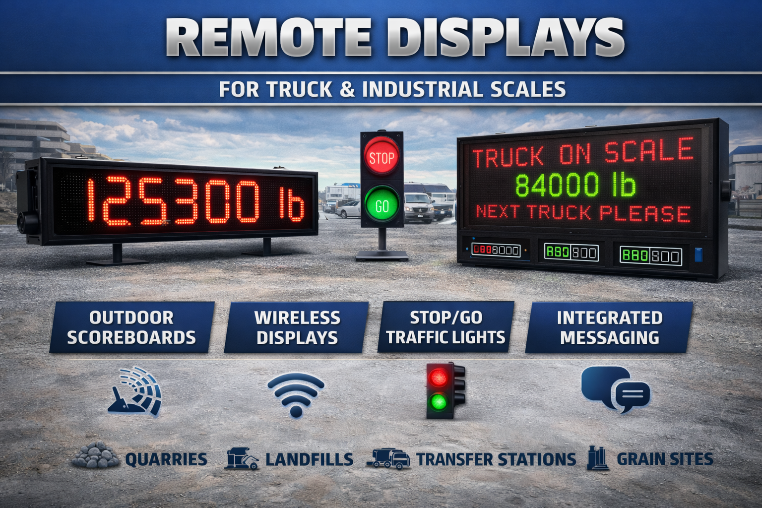 Remote scale displays for truck and industrial scales including LED scoreboards and traffic control lights.
