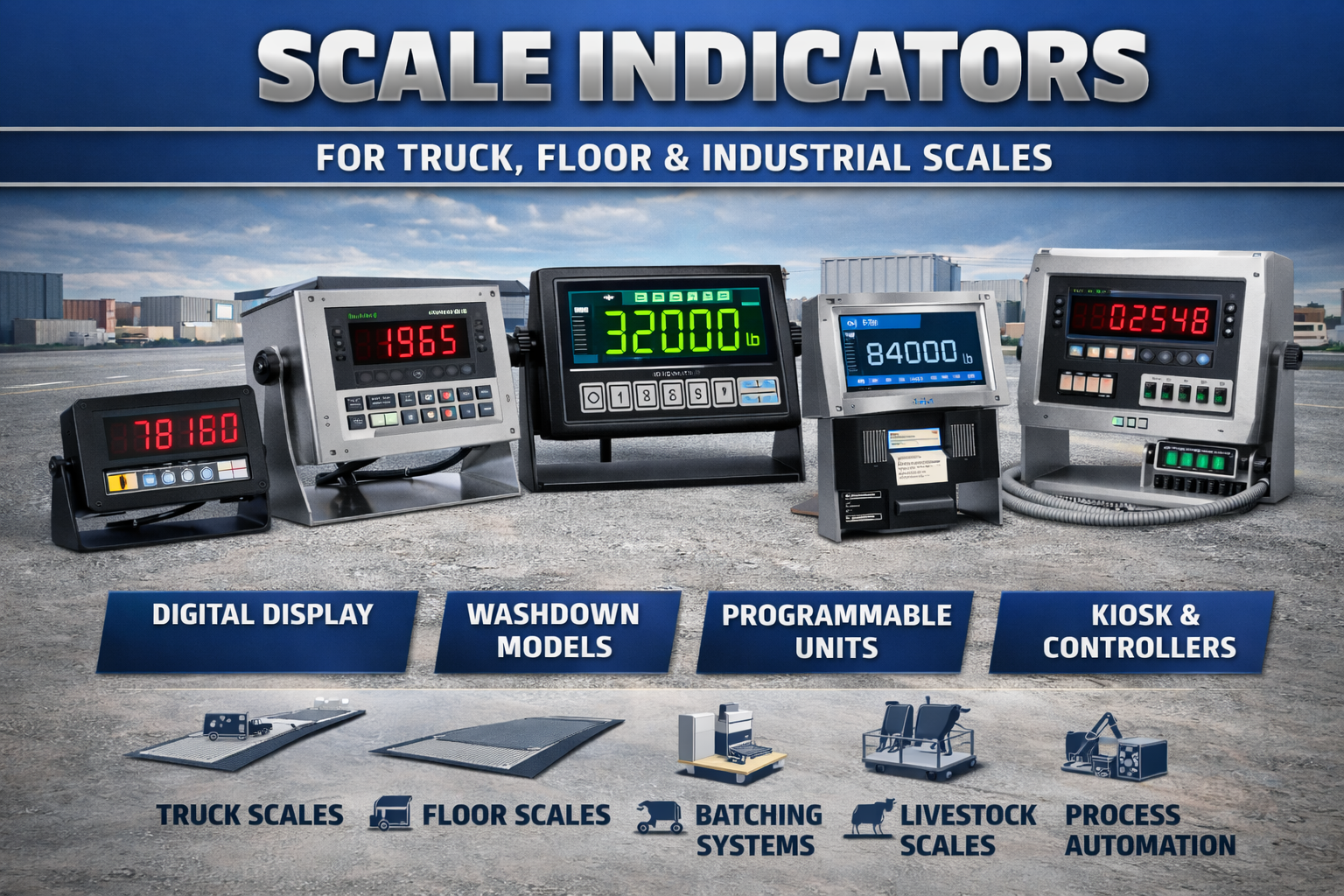 Industrial scale indicators with digital displays for truck scales, floor scales, and weighing systems.