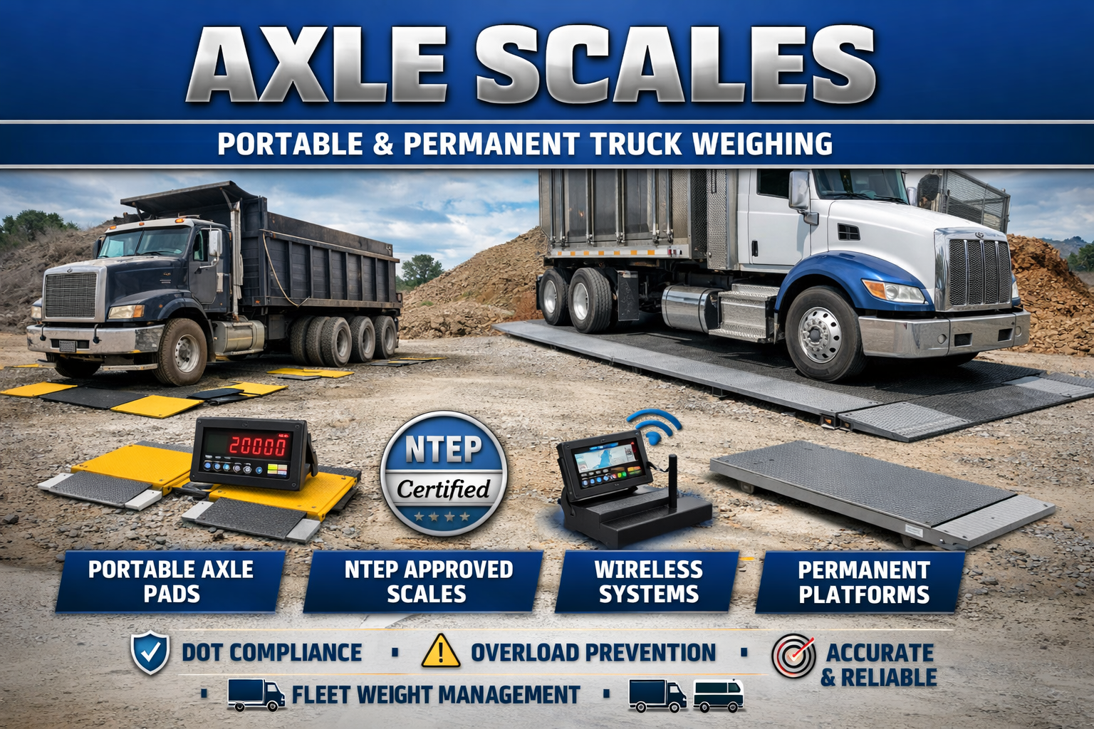 Truck axle scales for portable and permanent weighing, including axle pads and platforms used for DOT compliance and fleet weight management.