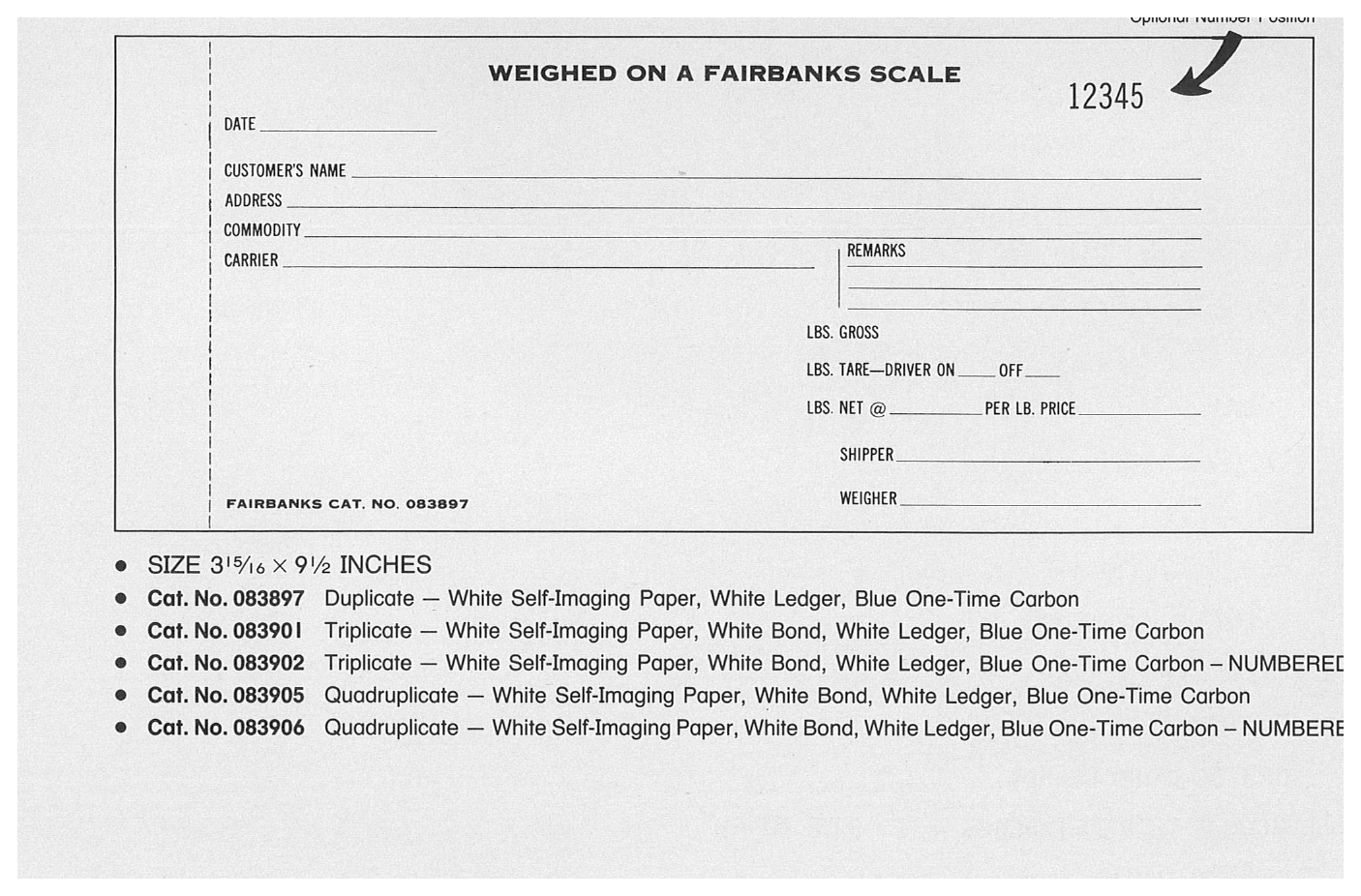 Standard Printing 083906 Fairbanks 4-Part Numbered Scale Tickets - 2,500