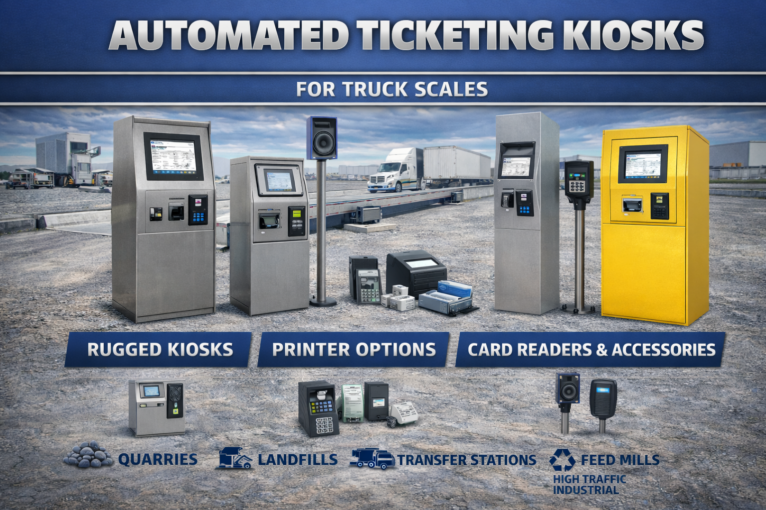 Automated ticketing kiosks for truck scales allowing drivers to print weigh tickets without leaving the cab.