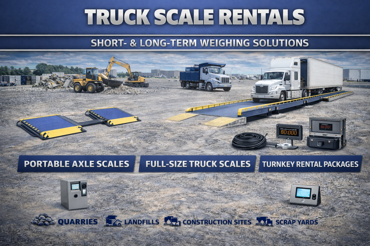 Truck scale rentals including portable axle scales and full-size truck scales for short- and long-term weighing.