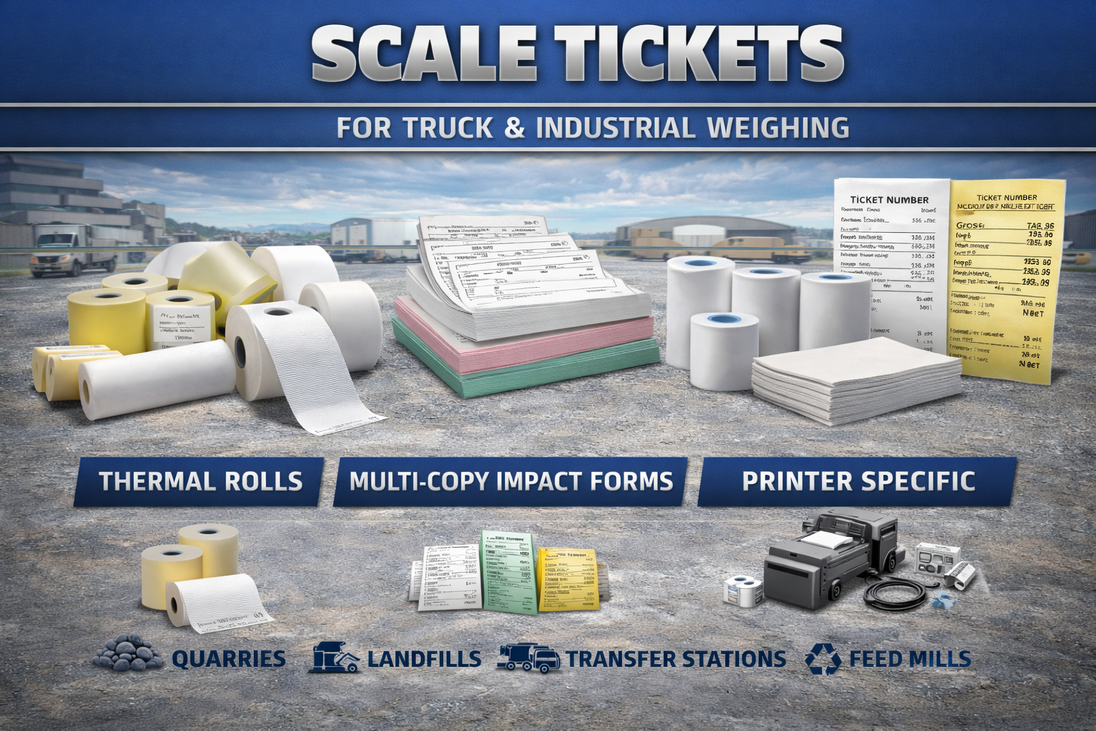 Truck scale tickets and industrial weigh tickets compatible with thermal and impact printers.