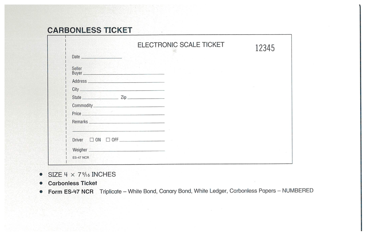 Standard Printing ES-47 NCR Electronic 3-Part Numbered Scale Tickets - 9,000