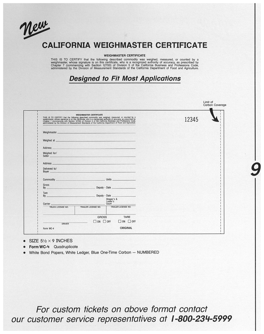 Standard Printing WC-4 California Weighmaster 4-Part Numbered Scale Tickets - 5,000