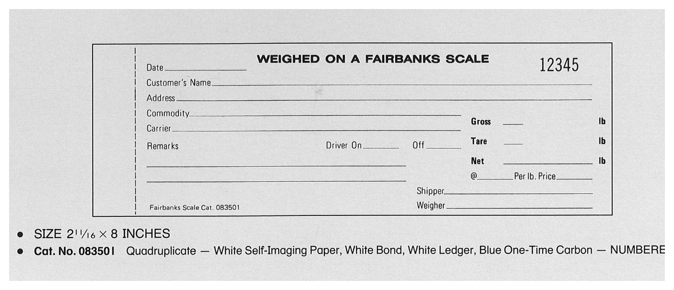 Standard Printing 083501 Fairbanks 4-Part Numbered Scale Tickets - 1,000