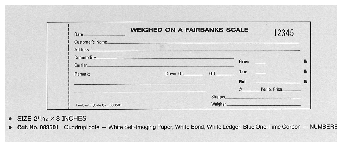 Standard Printing 083501 Fairbanks 4-Part Numbered Scale Tickets - 8,000