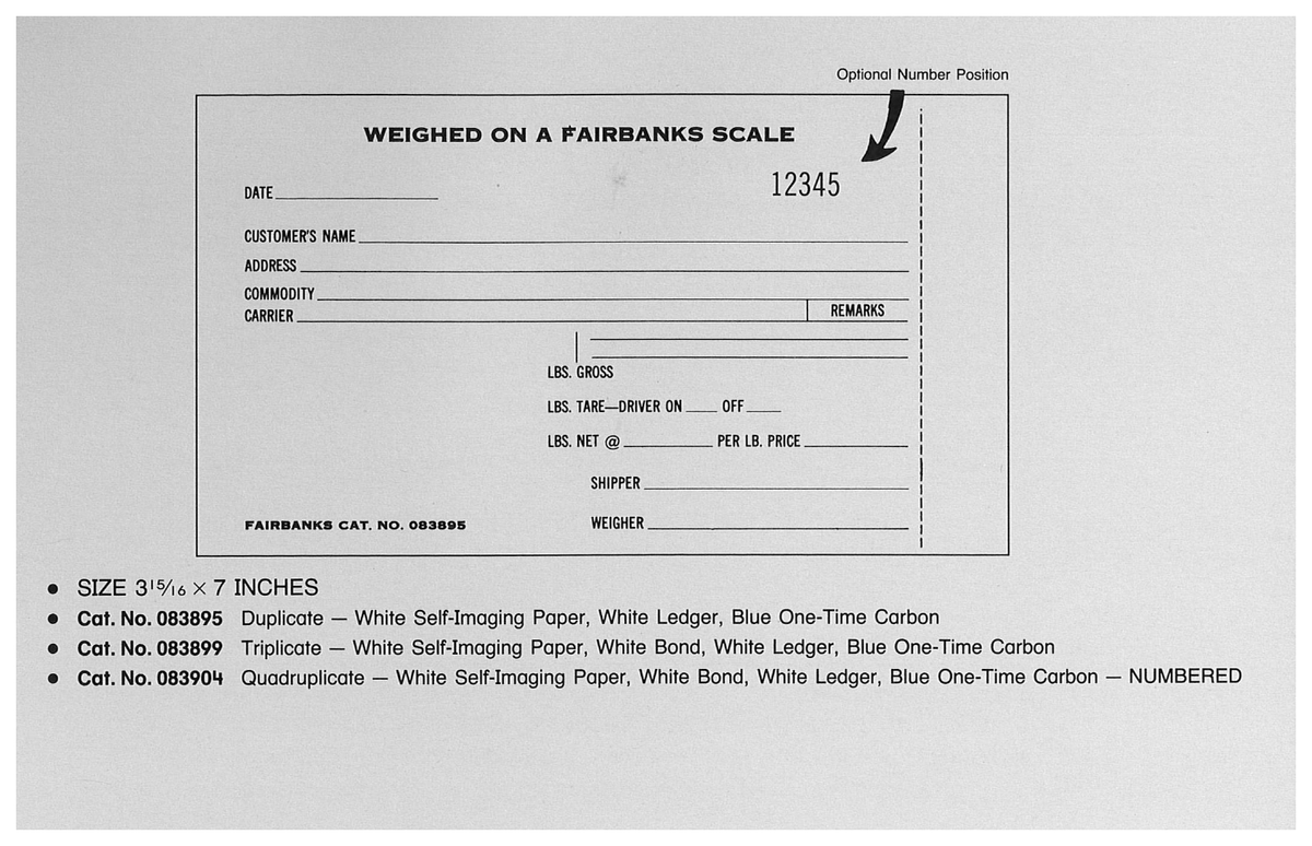 Standard Printing 083904 Fairbanks 4-Part Numbered Scale Tickets - 2,000