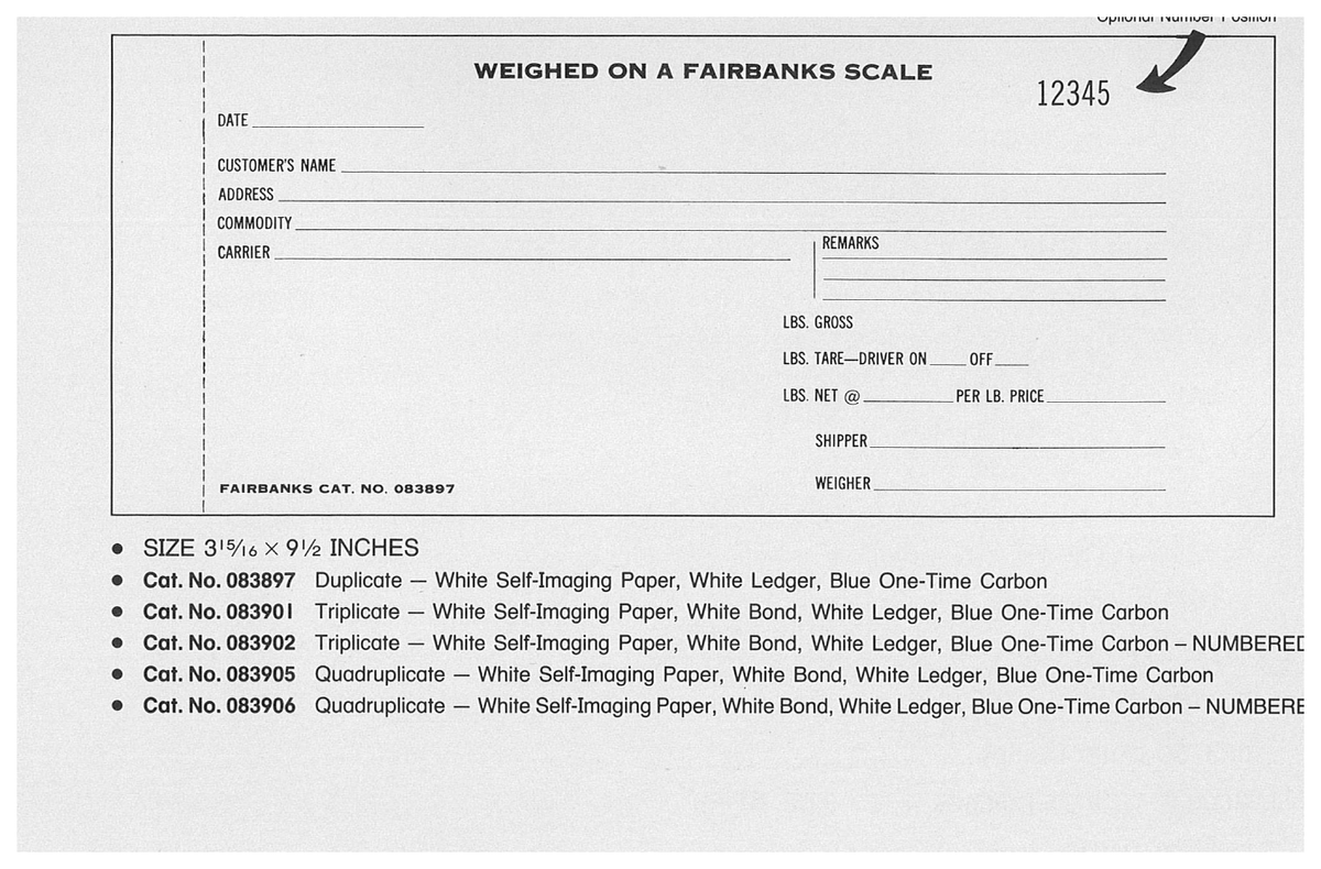 Standard Printing 083897 Fairbanks 2-Part Scale Tickets - 1,500