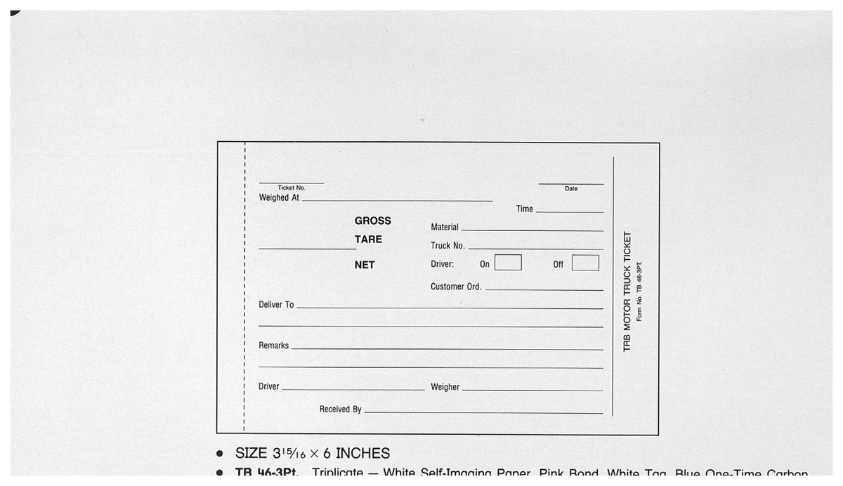 Standard Printing TB-46-3PT Truck Ticket 3-Part Scale Tickets - 2,000