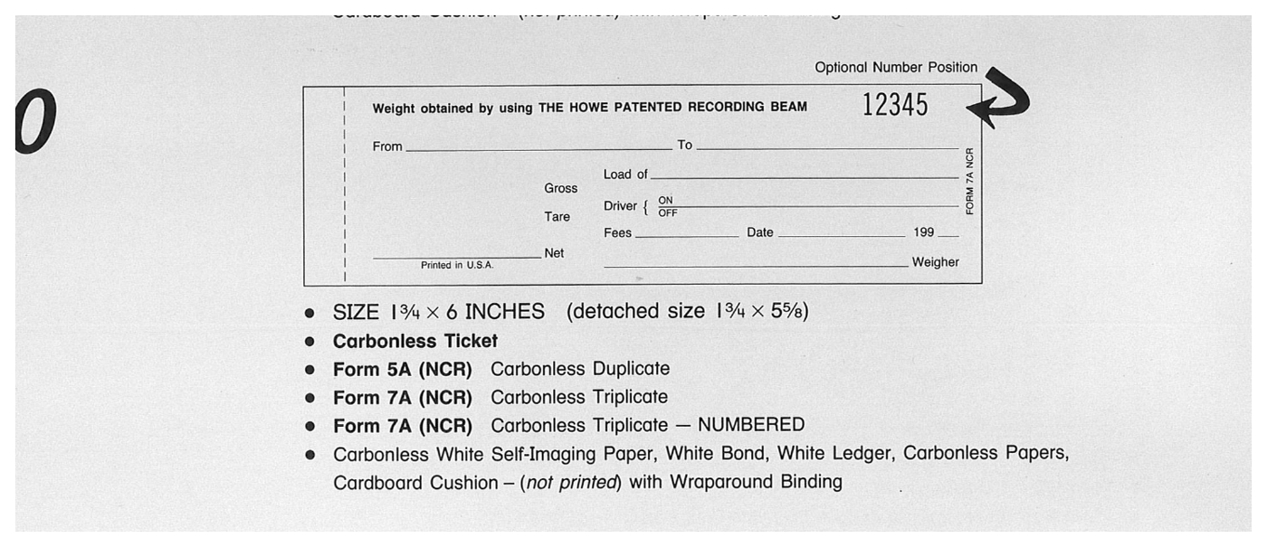 Standard Printing 7A NCR Howe 3-Part Numbered Scale Tickets - 2,500