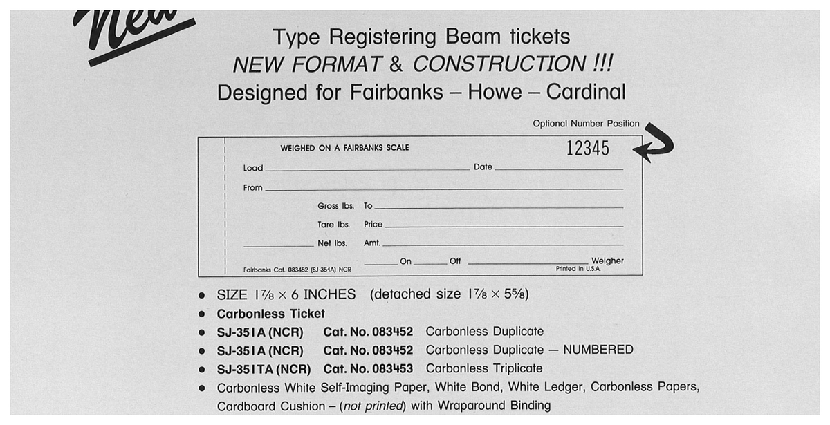 Standard Printing SJ-351TA NCR 083453 Type Registering Beam 3-Part Scale Tickets - 10,000